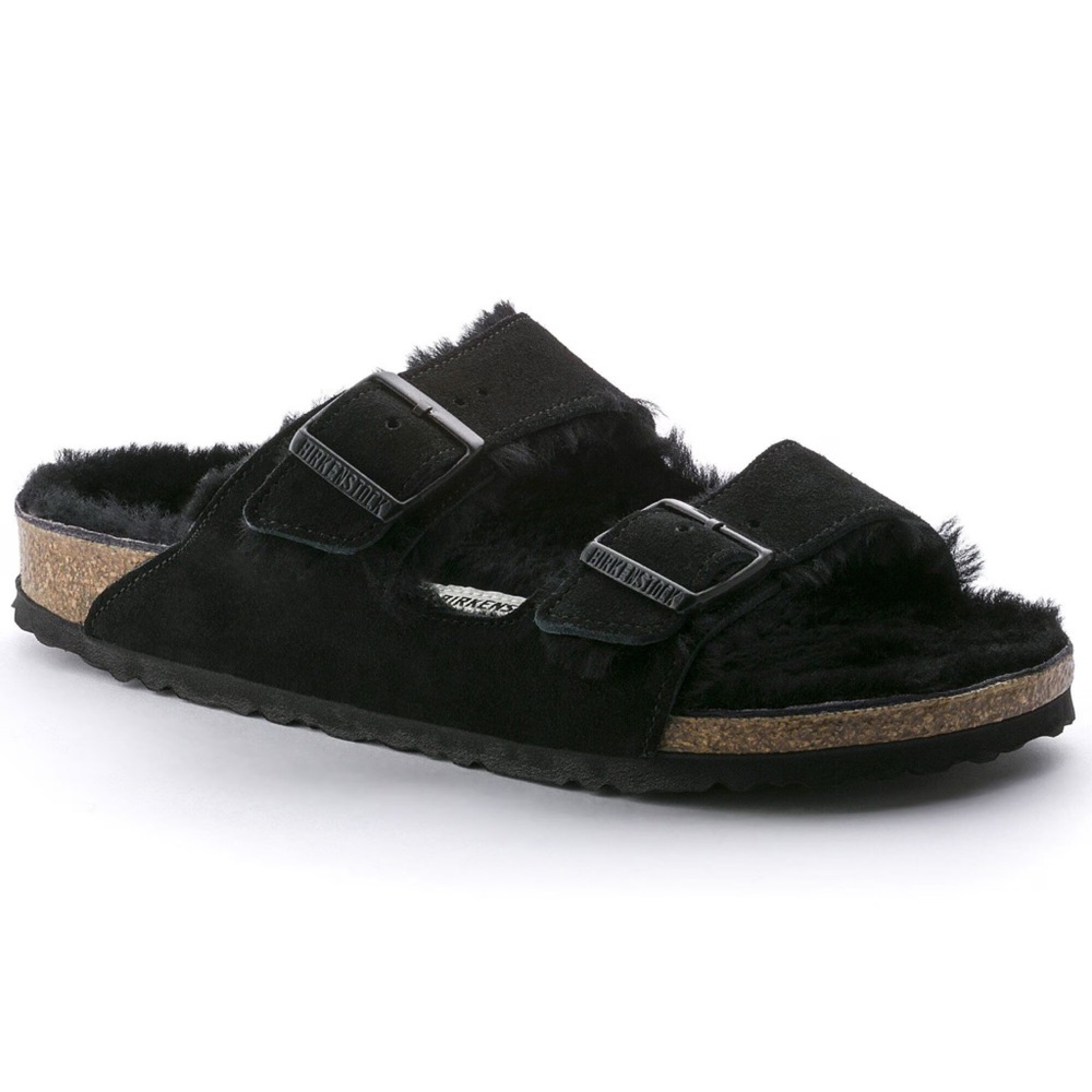 Birkenstock Black Fuzzy Slide Sandals